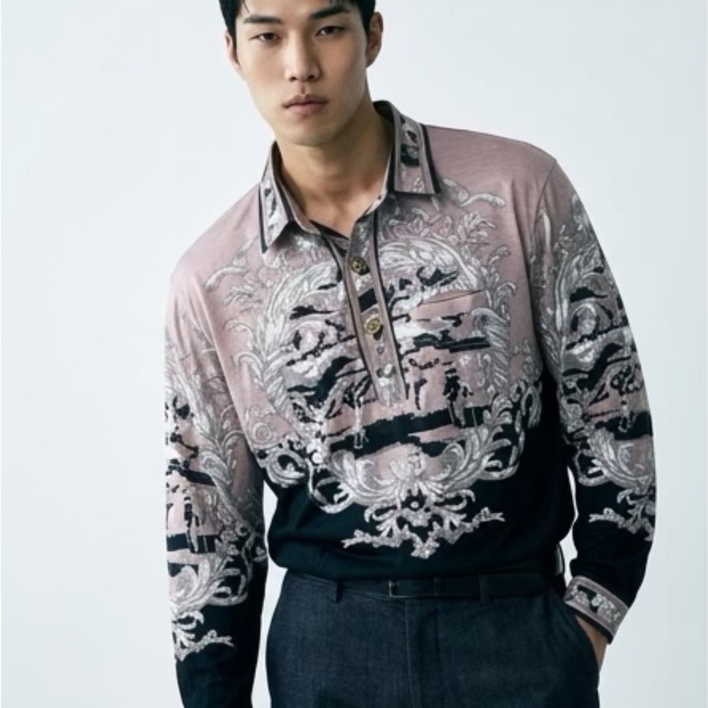 Men's Long-Sleeve Ornate Print Polo in Pink and Black